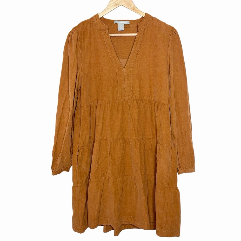 Lucky Brand Corduroy Dress Tan Womens Small Western Boho Tiered Festival Ruffled